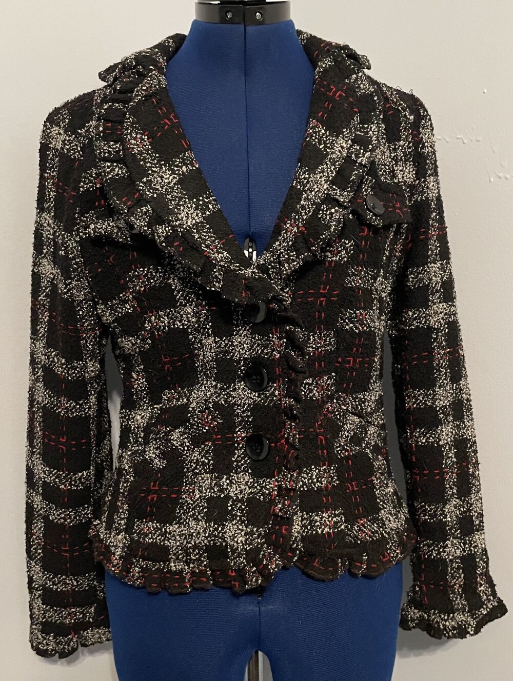 Y2K Black Plaid Tweed Ruffle Coat Size S